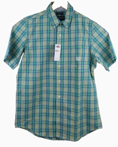 New Chaps Easy Care Mens Button Down Short Sleeve Plaid Shirt Green Yellow Small - Picture 1 of 8