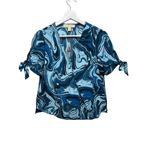 Michael Kors Top Womens Size XS Shirt Short Sleeve Blouse Blue Print Work Casual - Picture 1 of 13