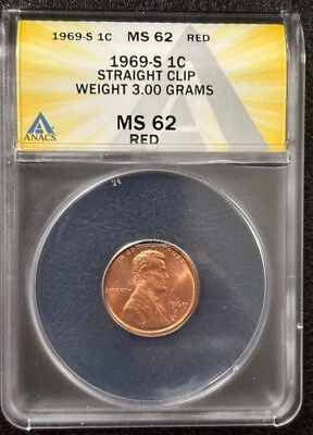 1969 S Lincoln Cent Mint Error Straight Clip-ANACS MS62 RED Weight 3.00 Grams - Image 1 of 4