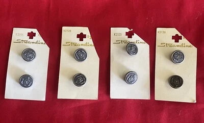 8 Novelty Streamline BUTTONS on CARDS NEW Silver. Size 24  5/8” Made In U.S.A. - Image 1 of 2