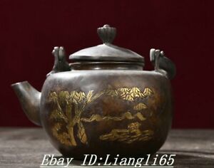 8.6'' Old Bronze Gilt Bamboo Pattern Portable Drinking Vessel kettle Tea Pot