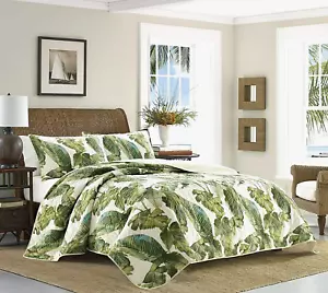 Tommy Bahama Fiesta Palm 3 pezzi set trapunta regina e finzione cotone verde foglia tropicale - Foto 1 di 12
