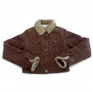 Arizona Cropped Jacket S Brown Corduroy Faux Fur Trim & Collar Retro Y2K 90s - Picture 1 of 15