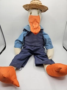 Handmade Duck Stuffed Hand Sewn Clothes Straw Hat Folk Art 21 Inch - Picture 1 of 8