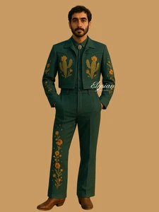 Men’s Green Cactus Embroidered Western Suit | Custom Tailored Two Piece Set - Picture 1 of 10