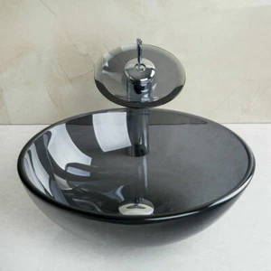 Bathroom Vessel Sink Drain Faucet Basin Vanity Glass Bowl Combo Up Set Chrome - Picture 1 of 6