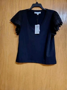 Black Short Crochet Lace Puffy Sleeves Top. NWT. Large. Chelsea & Theodore.Cute. - Picture 1 of 7