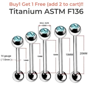 F136 Titanium 14 Gauge 1.6mm Tongue Barbell Crystal Nipple Piercing 16/ 19/22mm - Picture 1 of 14