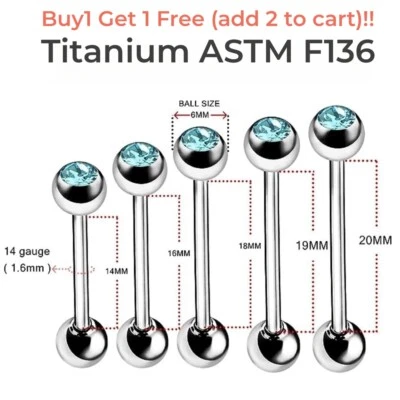 F136 Titanium 14 Gauge 1.6mm Tongue Barbell Crystal Nipple Piercing 16/ 19/22mm - Image 1 of 3