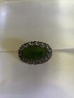 Antique Vintage 13.83 Grams Sterling Silver Marcasite Green Stone Brooch Pin