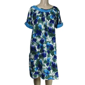 VTG 60s 70s HAWAIIAN Floral Tropical Polynesian Flowy Retro Luau Blue Dress M L - Picture 1 of 10