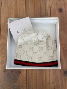[Mint] GUCCI Baby Knit Hat L Size Color Gray White Wool 100% With Box Used JAPAN - Picture 1 of 6