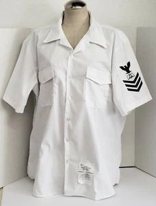 White Mens Blue US Navy Short Sleeve Button Shirt XL Embroidered Eagle Insignia  - Picture 1 of 5
