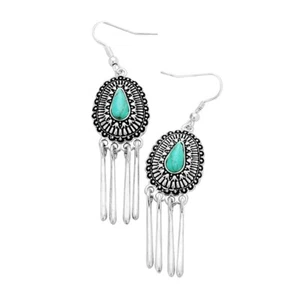 Faux-Turquoise Earrings Embossed Silver Tone Dangle Bar Fringe Teardrop 2 5/8” - Picture 1 of 2