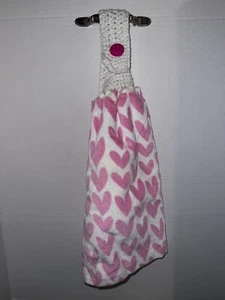 Hanging Double Cotton Kitchen Towel Pink Crocheted Top Valentine’s Day Hearts - Picture 1 of 4