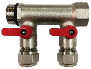 2 Schlaufen Sanitär Verteiler mit 3/4" Kofferraum & 1/2" PEX Kugelhähne, roter Griff - Bild 1 von 3