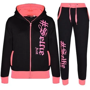 Kids #SELFIE Neon Pink Tracksuit Hoodie Sweatpants Zipper Joggers Set Girls - Picture 1 of 6