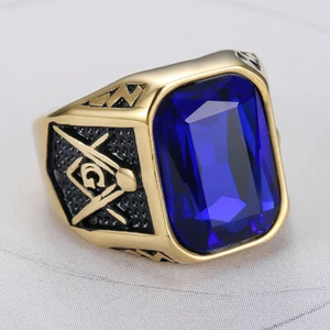 Men Stone Masonic Signet Ring Stainless Steel Statement Freemason Symbol Gfit - Picture 1 of 23