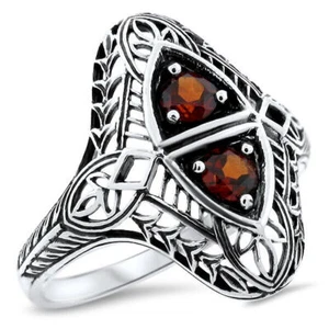 CLASSIC STYLE GENUINE GARNET 925 SOLID STERLING SILVER TWO-STONE RING       #879 - Picture 1 of 4