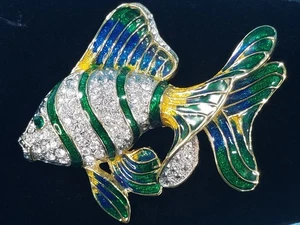 Broche de pescado vintage Lauren Spencer cristal austriaco esmalte joyería de moda - Imagen 1 de 7