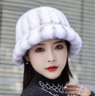 Women's Real Mink Fur Hat Bucket Hat Top Hat Bowler Hat Winter Warm Outdoor Cap - Image 1 of 4