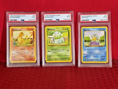 Pokemon Base Charmander 46 1999, Bulbasaur 44, Squirtle 63 todo clasificado PSA 9 como nuevo Foto 1 de 2