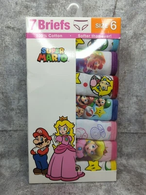 New Super Mario Girls Size 6  Brief 7 Pack Princess Peach Mario 100 % Cotton - Image 1 of 4