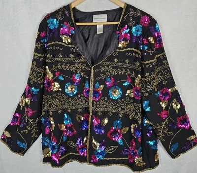 VTG Draper's & Damon's Womens 1X Silk Colorful Sequins Beads Jacket Formal Weddi - Image 1 of 4