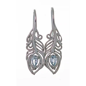 Natural Aquamarine Dangle Earring Sterling Silver Feather Blue Gemstone Handmade - Picture 1 of 12