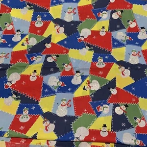 Snowman Glitter Blue Red Yellow Country Cotton Quilting Fabric 2 Yards - Picture 1 of 6