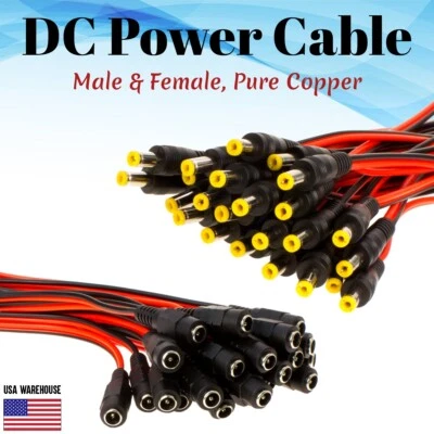 Pair of DC Power Cable Male Female Connector Security Camera Pigtail lot COPPER - Image 1 of 4