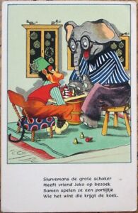 Dressed Elephant and Monkey Playing Chess 1950 Postcard, Anthropomorphic Animals
