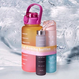Sports Water Bottle Mixed Set 3Pcs Time Marker With Straw For School Gym Travel - Picture 1 of 18