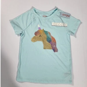Cat & Jack Girls' Sequin Unicorn Shirt Short Sleeve Top Blue Size L - Picture 1 of 6