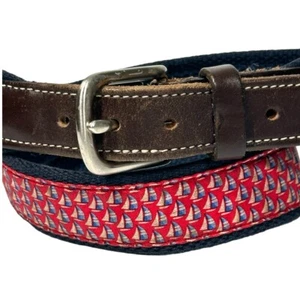 Vineyard Vines Belt Men's 28 Sailboats Red Blue Brown Leather Silver Buckle USA - Picture 1 of 9
