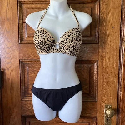 Victoria’s Secret Leopard 34D Swimsuit TOP & Michael Kors Black Bikini BOTTOM, M - Image 1 of 4