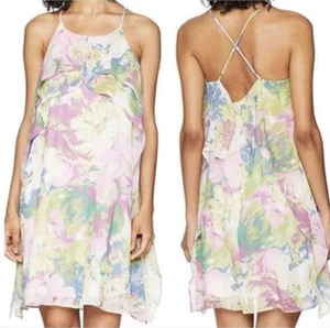BCBGMaxazria ruffle dress size M NWT $178 retail spaghetti X back pink floral - Picture 1 of 4