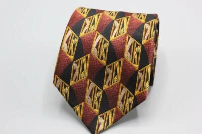 Шелковый галстук LANVIN Paris. Коричневый черный желтый геометрический мотив пшеницы. - Изображение 1 из 4