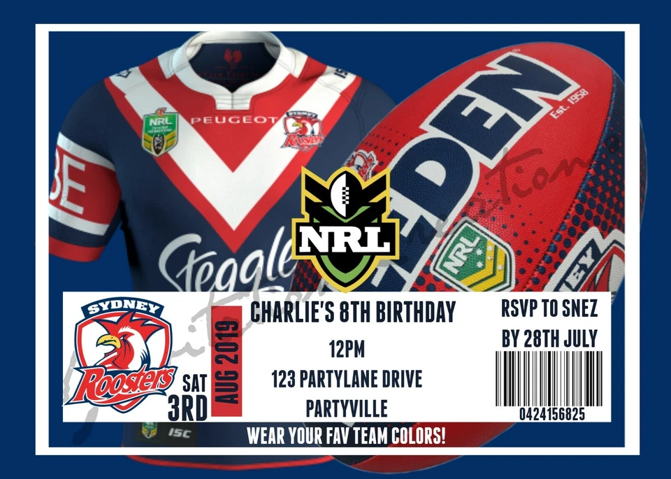 Hágalo usted mismo Impresión Personalizada NRL CAMISETA SYDNEY CITY ROOSTERS Invitaciones de Fiesta de Cumpleaños Foto 1 de 1