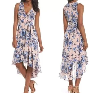 Eliza J Womens 10 High Low Floral Faux Wrap Sleeveless Midi Dress Pink Blue - Picture 1 of 11