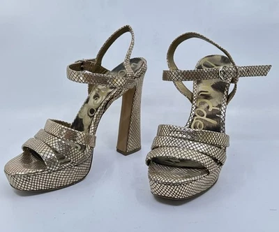 Sandalias Sam Edelman Mujer Oro Imitación Serpiente Plataforma Tacón Alto Talla 9M Usadas  Foto 1 de 4