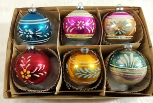 6 Vintage Shiny Brite Jumbo Stencil Mica Flower 3 1/2" Glass Christmas Ornaments - Picture 1 of 15