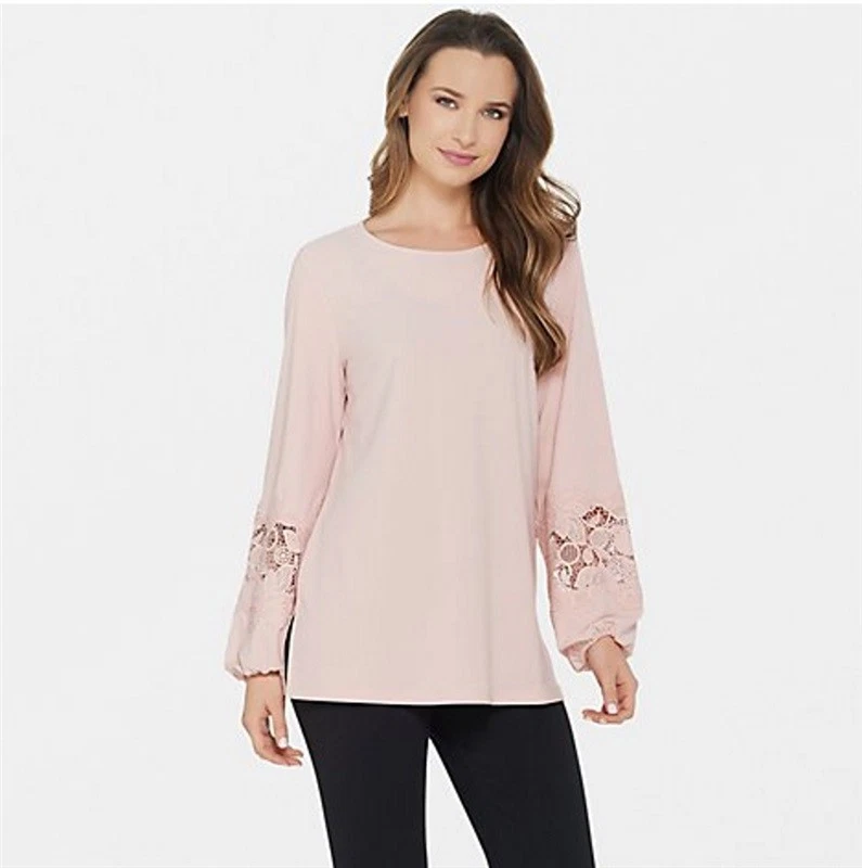 Nueva túnica Dennis Basso caviar crepé ribete de encaje rosa 1X #75350 Foto 1 de 1