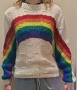 Vintage Rare 70/80 Handmade Texture Knit Rainbow Sweater Grail Fairy Kei Medium - Bild 1 von 9