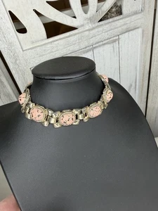 Vintage Faux Pink Turquoise Cabochon Necklace Choker Silver Link - Picture 1 of 4