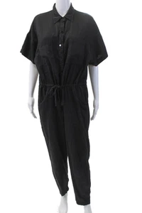 Enza Costa Womens Cotton Pocket Short Sleeve Button Up Jumpsuit Black Size 3 - Picture 1 of 5