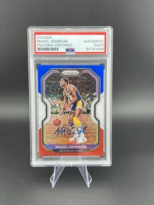 Magic Johnson HOF Signed 2020-21 Panini Red White Blue Prizm #219 PSA/DNA AUTO - Image 1 of 3