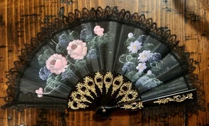 Pink & Purple Floral Pattern Fan Black & Gold Made in Spain - Picture 1 of 5