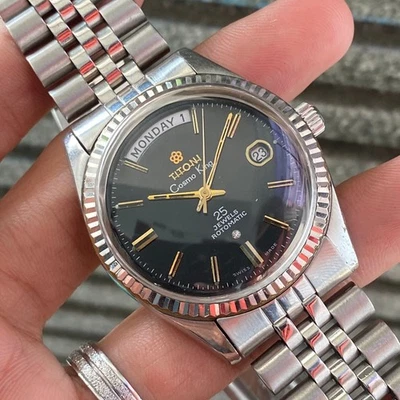 Reloj Suizo Vintage Raro Titoni President Cosmo King Fecha Negro Automático ETA Foto 1 de 4