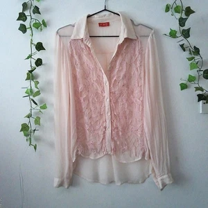 René Derhy rose blush pink sheer chiffon lace front blouse shirt 10-12 - Picture 1 of 9